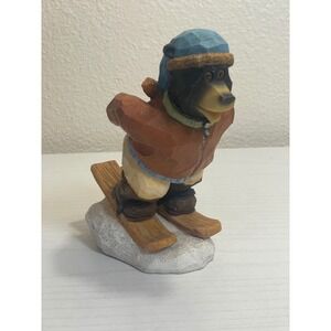 Whimsical Carved Bear Skier Figurine Winter Snow Decor Cabin Decor Mountains